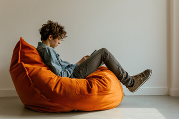 A young man is sitting on an orange bean bag chair and reading a book on his tablet. Concept of relaxation and leisure, as the man is comfortably seated in a cozy and informal setting