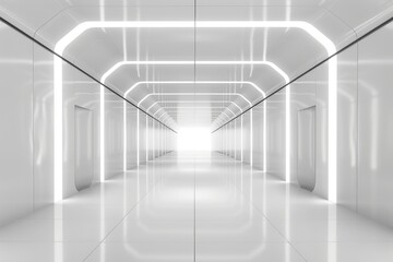 A long, empty hallway with white walls and a white ceiling. The hallway is lit by a single light source, creating a sense of emptiness and solitude