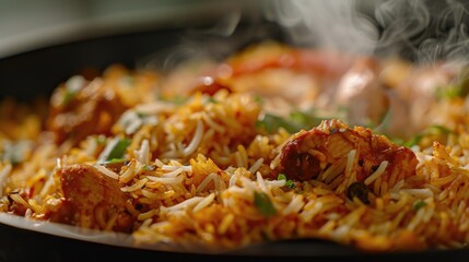 A plate of food with rice and meat