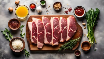 Preparation for cooking raw duck breast with ingredients. Light gray background, top view. Space for text
