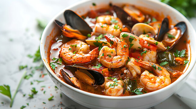 Cioppino seafood stew with shrimp and mussels in bowl. Gourmet cuisine with copy space for design and print. Flat lay food photography