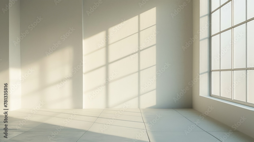 Poster a large, empty room with a large window that lets in a lot of light. the room is very bright and ope