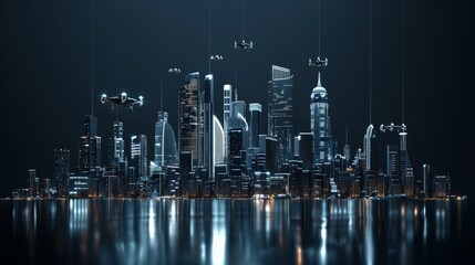 Illuminated Skyscrapers in Smart City with Drone Technology at Night