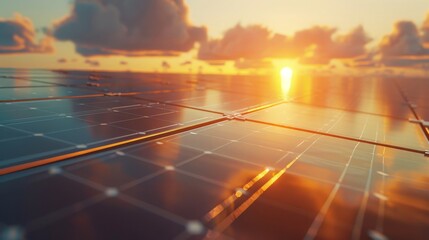 Showcase a serene 3D scene of solar panels gleaming in the sunlight, embodying the shift towards renewable energy and environmental harmony - obrazy, fototapety, plakaty