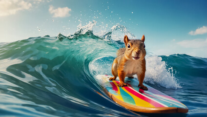 cute squirrel riding on a surfboard - obrazy, fototapety, plakaty