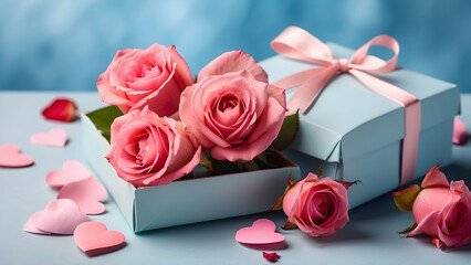 A romantic setting with pink roses in a light blue gift box surrounded by heart-shaped cutouts