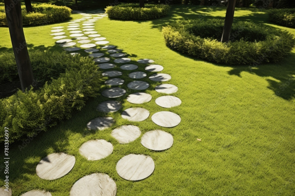 Poster a path made of small round stones is leading through a lush green lawn. the path is surrounded by bu