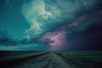A stormy sky with a road in the middle of a field