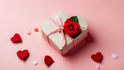 Close-up image of a single red rose on top of a white gift box tied with a pink ribbon on a pink surface