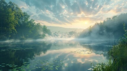 Serene Lakeside Landscape Cradled in Misty Dawn s Embrace A Journey of Inner Peace and Reflection - obrazy, fototapety, plakaty