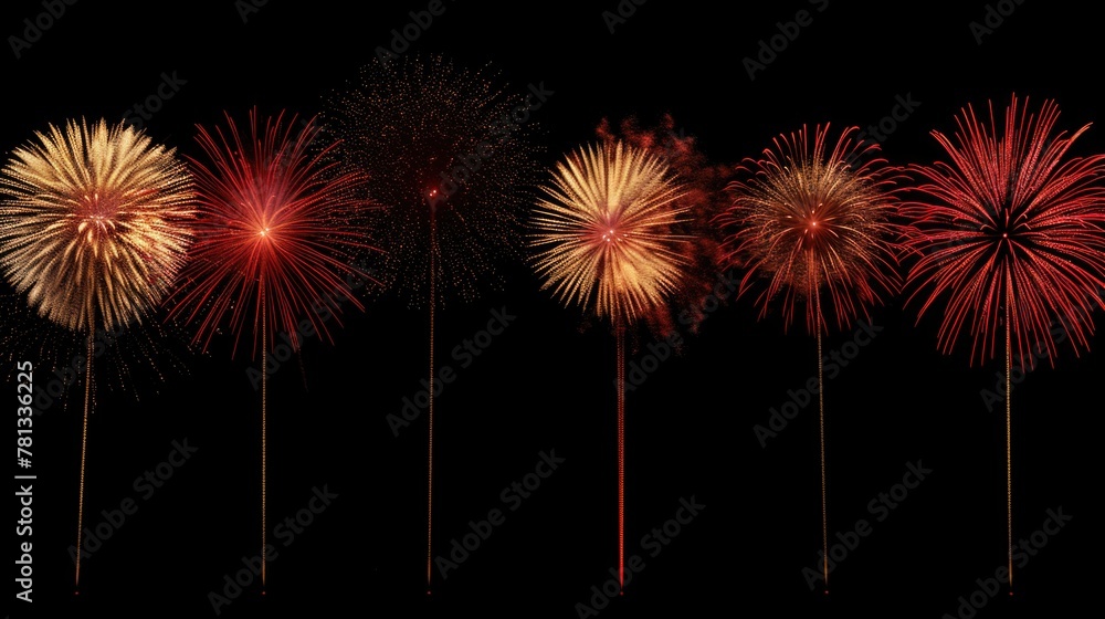 Poster a row of fireworks with a black background. the fireworks are in different colors and sizes. scene i