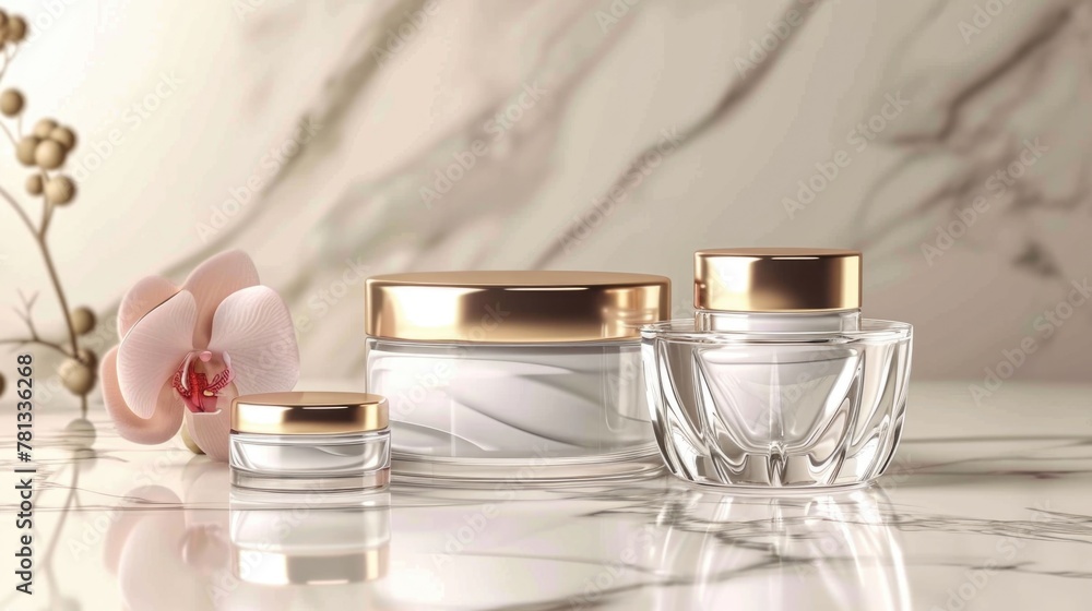 Poster three clear containers with gold lids sit on a marble countertop. the containers are filled with a w