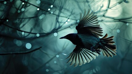 Obraz premium A black bird is flying through the air in a forest. The sky is dark and the bird is the only thing visible