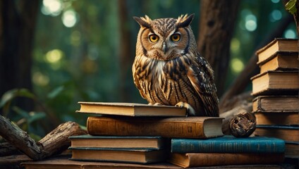 wise owl sitting on books