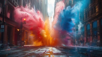 Vibrant Explosion of Powdered Sugar Transforms Bustling City Street into a Magical Wonderland of Color and Excitement