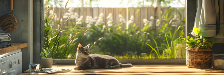 A cat rests on a wooden table in a laundry room overlooking a natural landscape through a window, with green grass and plants outside - obrazy, fototapety, plakaty