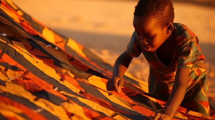 A resourceful African child assembling a shelter from repurposed materials found amidst the arid sands, their makeshift home a testament to resilience in the harsh desert environment. - obrazy, fototapety, plakaty