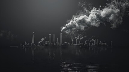 Industrial Cityscape with Smokestacks Emitting Smoke Over Calm Water
