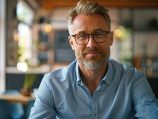 A man wearing glasses and a blue shirt is smiling at the camera