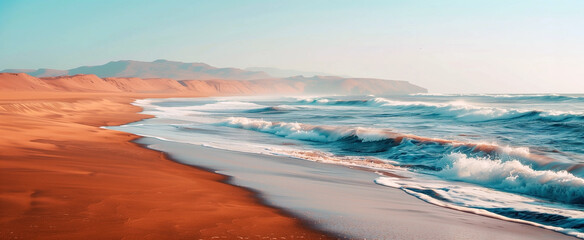 Photograph of a desert sea shoreline. Sea beach with big breaking waves. Warm colors.