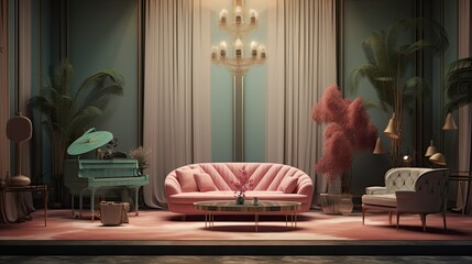 Interior of luxury home, art deco modern trendy living room,