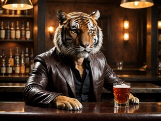 Portrait of a tiger drinking beer at the bar. Funny animals night out scene