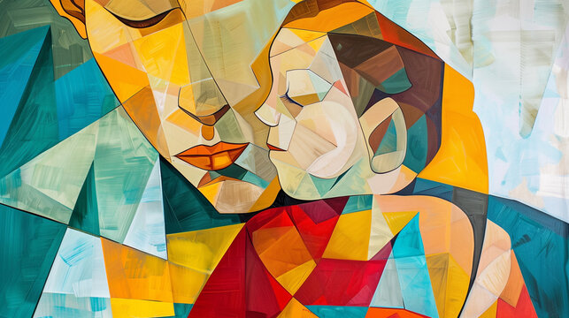 Father's day background. Cubist art of a father and child in warm embrace, expressing family connection and love.