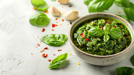 Bowl of Pesto alla Genovese with fresh basil leaves on a white textured background. Traditional Italian sauce close-up for design and print. Culinary herb concept with copy space