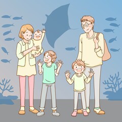 水族館を楽しむ5人家族