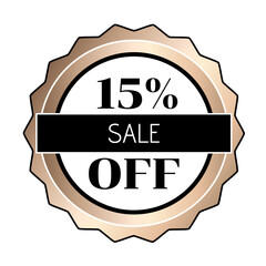 15% off stamp with the colors white, gold and black.