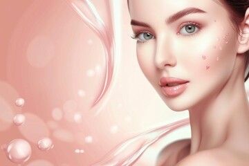 Naklejka na ściany i meble Gorgeous woman with pink skin and bubbles on her face in 3D illustration, beauty concept