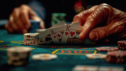 A person is playing poker, with their hands holding cards and chips on the table in front of them.