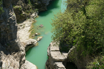 Aerial view of section of the Metauro river named Marmitte dei Giganti near Fossombrone in the Marche region, Italy