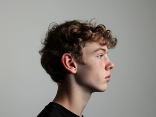 Thoughtful young man with curly hair looking away against a neutral gray backdrop