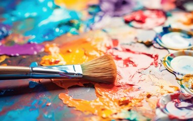 Obraz premium Colorful paint palette and brush closeup