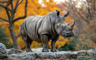 Fototapeta premium Rhino standing majestic in autumn forest
