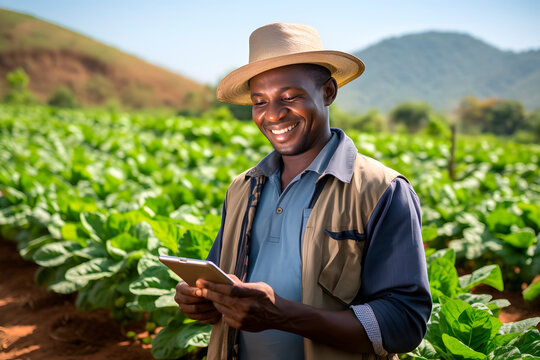 African american farmer working in a tobacco field while using a digital tablet. Generative Ai.