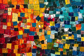 A colorful mosaic of squares and rectangles. The colors are bright and vibrant, creating a sense of energy and excitement. The piece seems to be a work of art, with each square