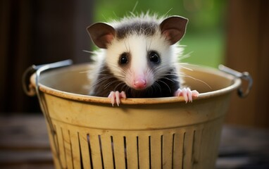 Charming opossum sitting in a yellow pail