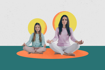 Trend artwork composite sketch image 3D collage of calm mom daughter do together yoga training lotus asana keep balance on mother holiday