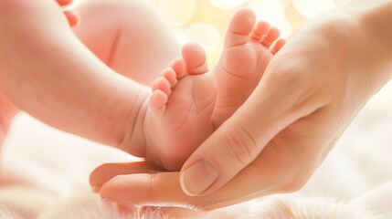 Mother's hands holding newborn baby's feet. Healthcare and medical love lifestyle, mother’s day...