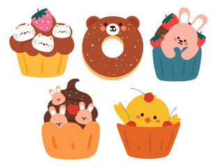 hand drawing cartoon cute dessert and cartoon animal sticker set. cute food and animal sticker, decor element. cute colorful dessert illustration sticker