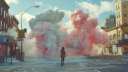 Vibrant Powder Explosion Transforms Bustling City Street into Magical Wonderland of Color and Joy - obrazy, fototapety, plakaty