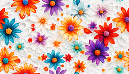 Fototapeta na wymiar gleichmäßiges Muster aus hellen Blumen Blüten in bunt auf weißem Hintergrund als Vorlage für Gestaltung von Geschenk Papier, Wänden, Produkten, Verpackungen zum Frühling frisch Sommer floral 