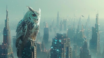 Cybernetic Owl Perched Atop Futuristic Skyscraper Surveying Bustling Metropolis Below