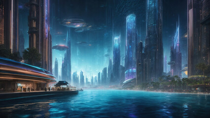 Painting in blue tones of a futuristic fantasy city.