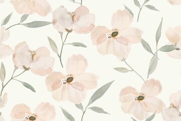 Seamless Watercolor Floral Wallpaper with Pink Flowers and Leaves on White Background, Botanical Pattern for Textile Design