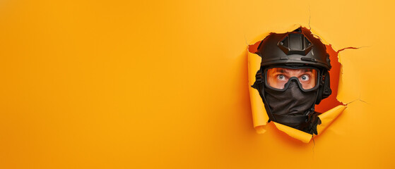 A warm orange backdrop with a gaping tear, showing a complex technological device within - obrazy, fototapety, plakaty