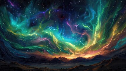 Captivating Aurora Sky Vibrant Celestial Ribbons Dance Across a Star Studded Cosmic Landscape