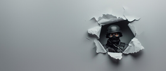 The back silhouette of a soldier's helmet appears through torn grey paper, hinting at anonymity and battle preparations